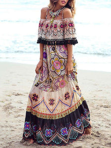 Flower Print Off Shoulder Tassel Bohemia Maxi Dress