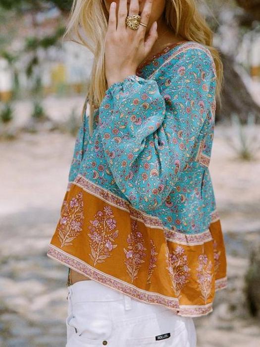 Print V Neck Long Sleeve Boho T Shirt