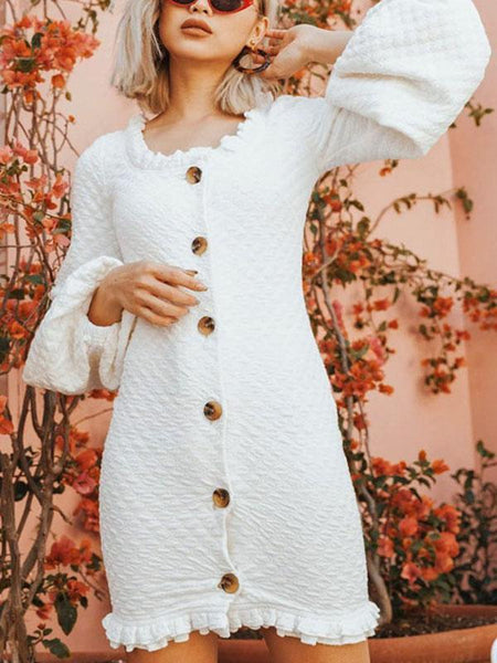 Solid Color Long Sleeve Button Mini Dress