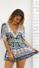Load image into Gallery viewer, Print Deep V Neck Short Sleeve High Waist Jumpsuit Rompers