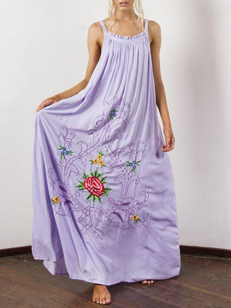 Bohemian Holiday Wind Color Flower Embroidery Strap Sexy Dress