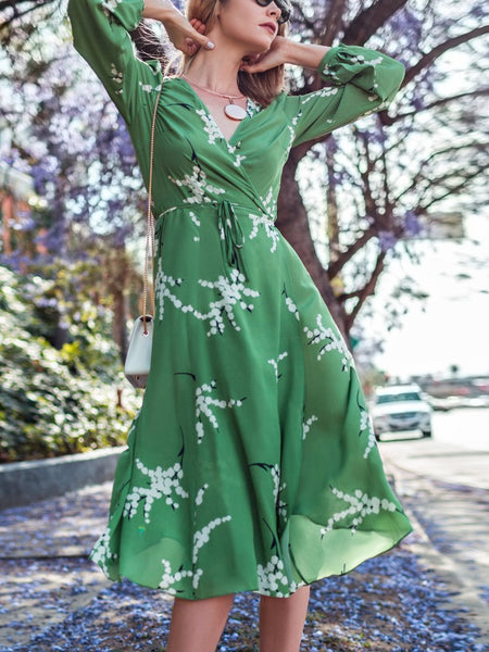 Green V Neck Long Sleeve Bohemia Dress