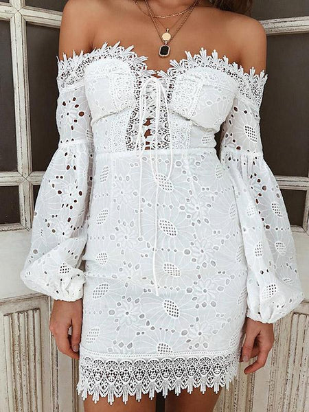 Off Shoulder Long Sleeve Lace Mini Dress