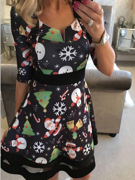 Snowman Christmas Tree Print Mesh Dress