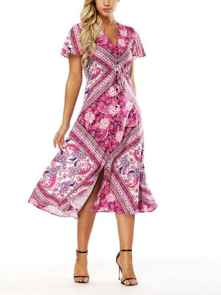 Boho Print V-Neck Short-Sleeved Split Casual Beach Dress
