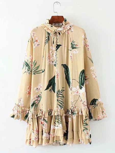 Floral Print Long Sleeve Loose Mini Dress