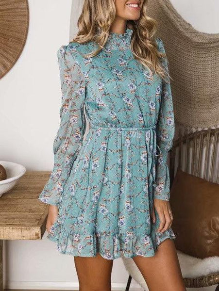 Fashion Lace Floral Ruffle Long Sleeve Mini Dress