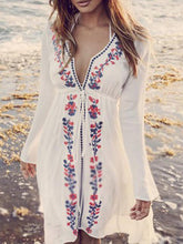 Load image into Gallery viewer, Embroidered V Neck Long Sleeve Beach Bikini Cover Up