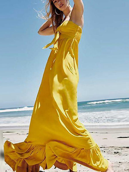 Long Bohemian Solid Color Sling Ruffled Tube Top Fishtail Dress