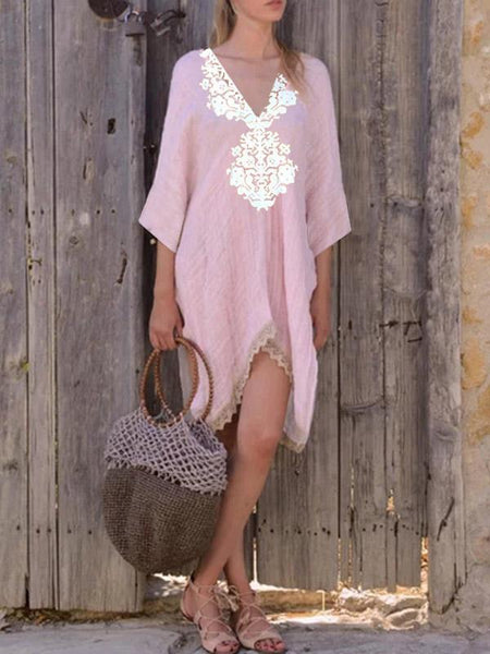 V Neck Short Sleeve Lace Splice Mini Dress