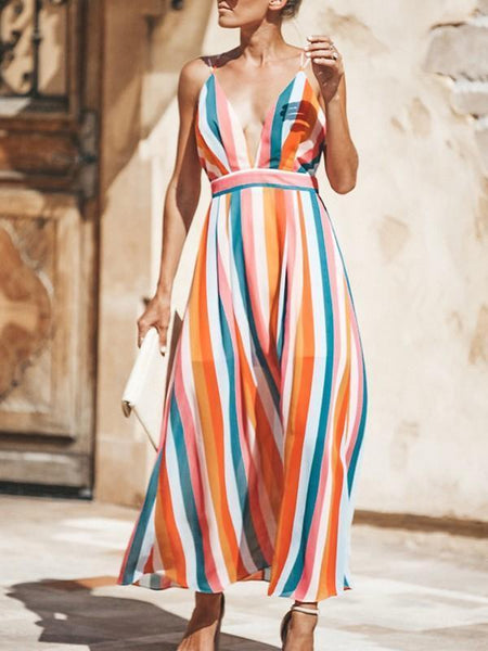 Colorful Stripe Spaghetti Strap Deep V Neck Maxi Dress