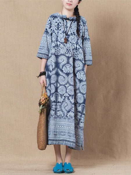 Print Linen Cotton Loose Maxi Dress