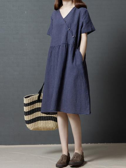 Plaid V Neck Short Sleeve Loose Linen Cotton Dress