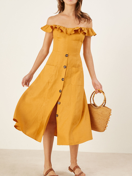 Off Shoulder Button Beach Solid Color Dress