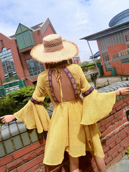 Yellow Backless Bohemia Beach Mini Dress