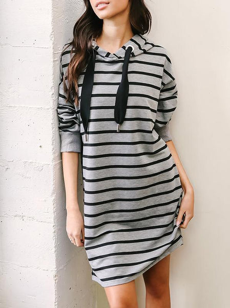 Stripe Long Sleeve Hoodie Autumn Midi Dress
