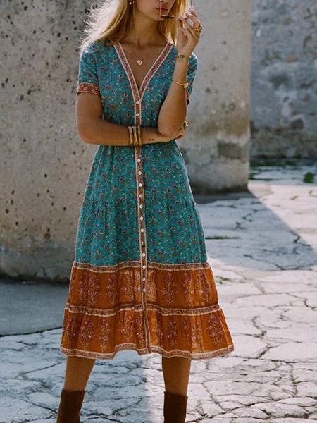 Print V Neck Short Sleeve Bohemia Dress
