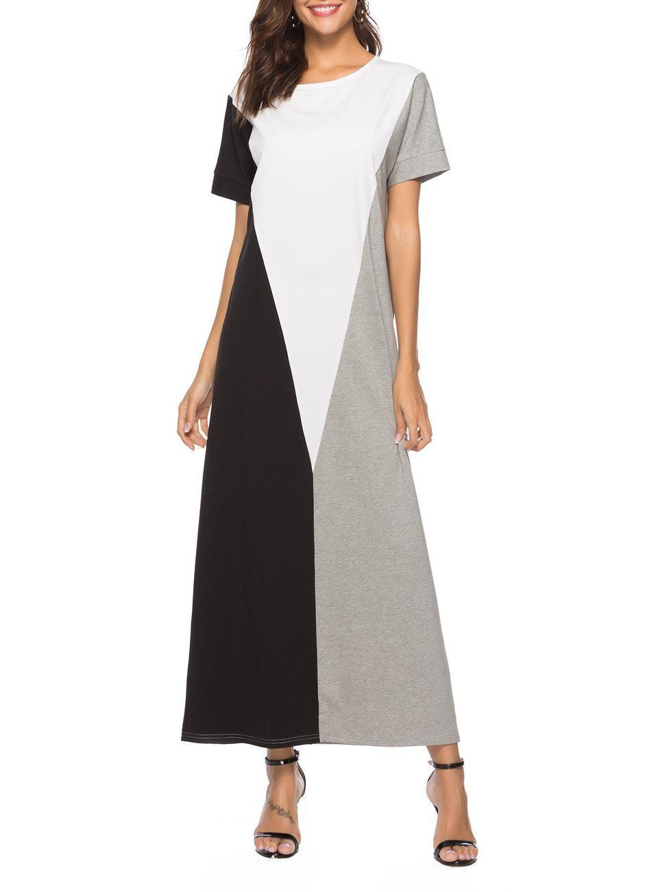 Round Neck Short Sleeve Splice Full Length Dress