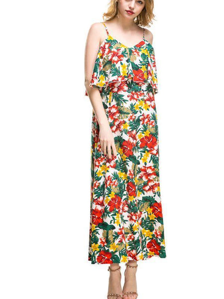 Elegant Sling Print Chiffon Lattice Floral Backless Dress