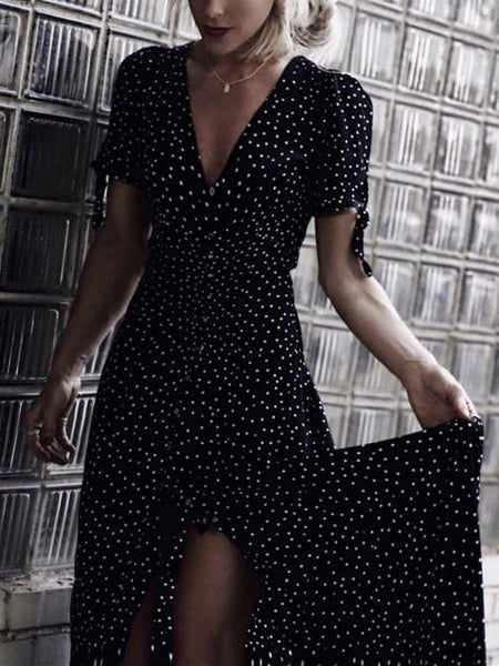 Polka Dot V Neck Short Sleeve Beach Dress