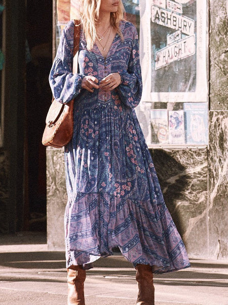 Print V Neck Long Sleeve Bohemia Maxi Dress