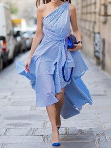 Stripe Oblique Shoulder Irregular Maxi Dress