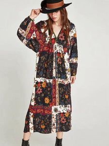 Spring And Summer Bohemian V-Neck Print Loose Long-Sleeved Dress