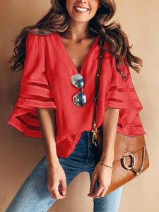 Solid Color V Neck Splice Loose T Shirt Tops