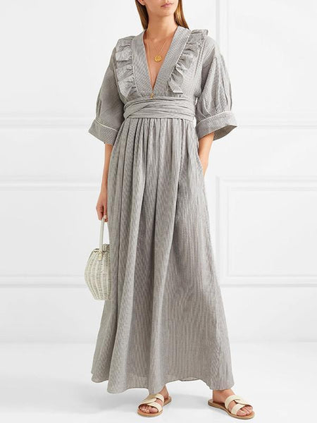 V Neck Half Sleeve Casual Maxi Dress