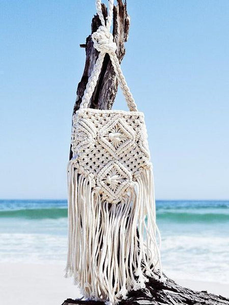 Vintage Knit Tassel White Casual Bag For Women