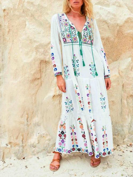 Embroidered Long Sleeve V Neck Boho Maxi Dress