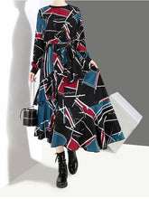 Load image into Gallery viewer, Four Seasons Printing Irregular Round Neck Pullover High Waist Dress