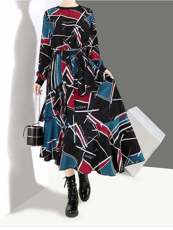 Four Seasons Printing Irregular Round Neck Pullover High Waist Dress