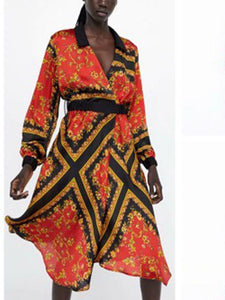 Autumn Long Sleeve Print V-Neck Elastic Waist Split Dress