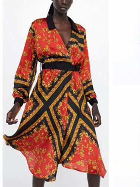 Autumn Long Sleeve Print V-Neck Elastic Waist Split Dress