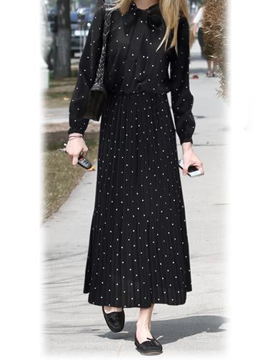 Polka Dot Long Sleeve Black Bowknot Bohemia Maxi Dress