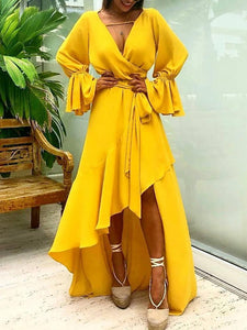 Yellow V Neck Long Sleeve Irregular Maxi Dress