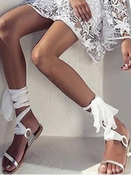 Women Summer Bohemia Solid Color Bandage Flats Sandals