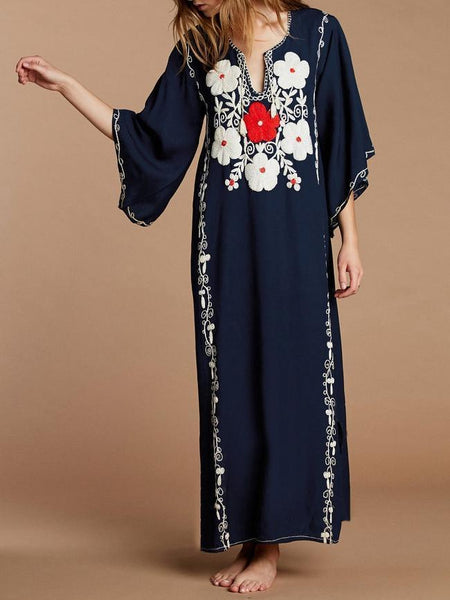 Embroidered Loose Flared Sleeve Maxi Dress