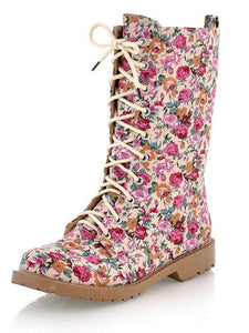 Women Floral Martin Low-heel Boots Shoes