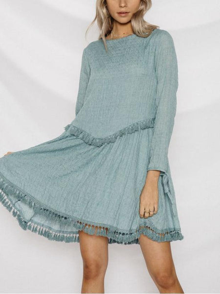 Solid Color Long Sleeve Tassel Mini Dress