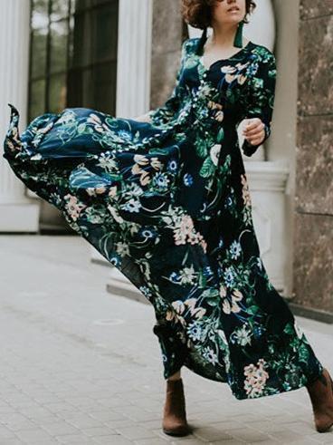 Vintage Floral V Neck Bohemia Maxi Dress