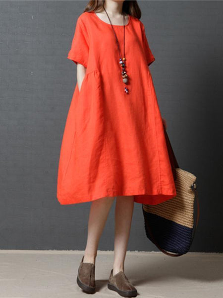Linen Cotton Solid Color Short Sleeve Loose Dress
