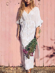 Embroidered V Neck Beach Maxi Dress