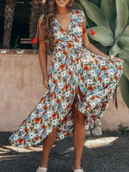 Floral V Neck Sleeveless Bohemia Irregular Maxi Dress