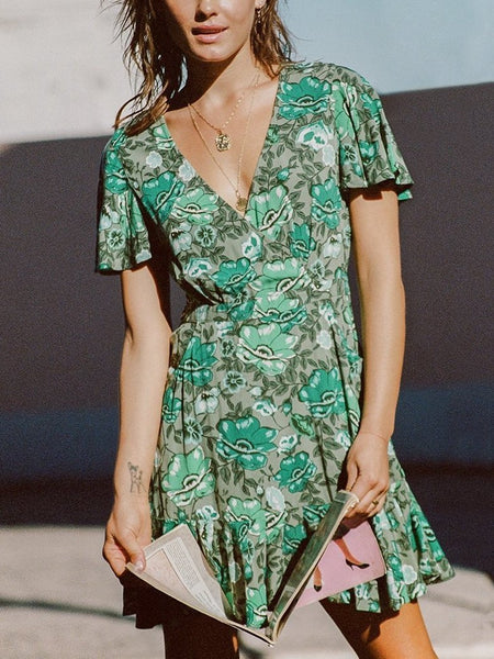 Print V Neck Short Sleeve Bohemia Mini Dress