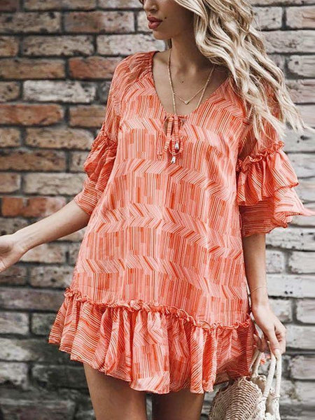 Spring Ruffled Stitching Print Chiffon Dress
