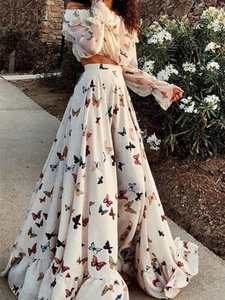 Butterfly Print Off Shoulder Long Sleeve Maxi Dress 2 Pieces Set