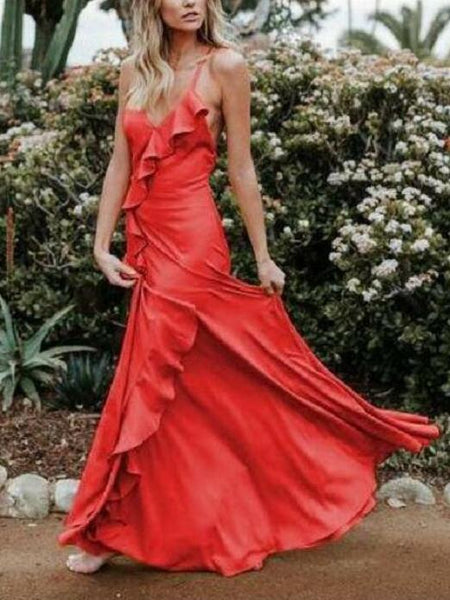 Spaghetti Strap Ruffle Split Evening Party Maxi Dress