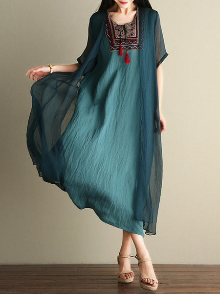 Embroidered Loose Casual Linen Cotton Maxi Dress